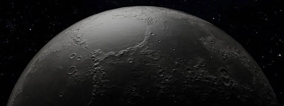 3D Rendering of Moon surface. Realistic 3d render of moon and space. Space and Stock Illustration