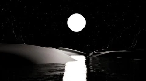 3d rendering moonlight night sky reflection sea silhouette mountain Stock Photos