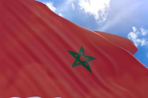 3D rendering of Morocco flag waving on blue sky background Stock Photos