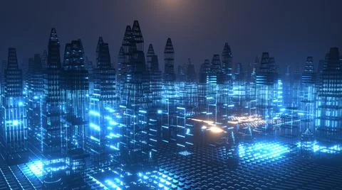 3D Rendering. Motion graphic of Hologram modern city, smart city concept Stock Illustration
