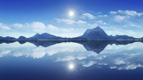 3d rendering of the mountains reflecting in the clear water Stock Illustration