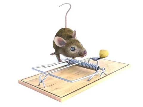 3D rendering of a mouse examining trap. Illustrazione stock
