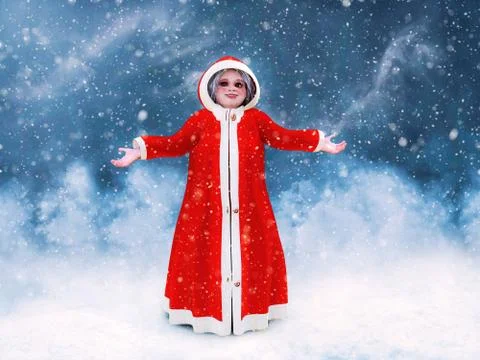 3D rendering of Mrs. Claus standing in snowy wheater. Stock Illustration