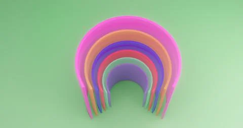 3d rendering. Multi-colored cut cylinders on the background of green canvas. Illustrazione stock