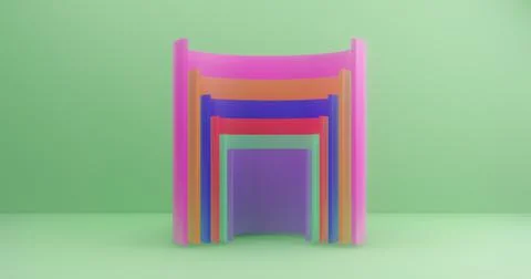 3d rendering. Multi-colored cut cylinders on the background of green canvas. Stock Illustration