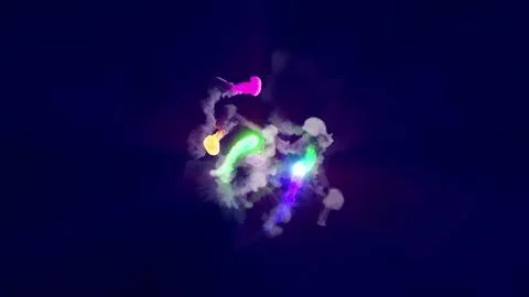 3D rendering of multi-colored fireballs flying along a complex trajectory Stock Illustration
