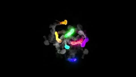 3D rendering of multi-colored fireballs flying along a complex trajectory Stock Illustration