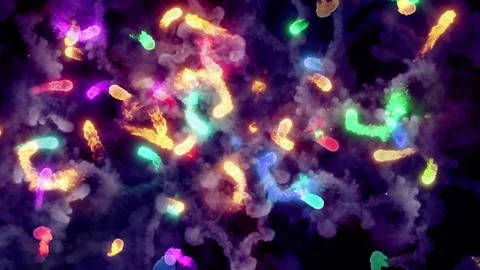 3D rendering of multi-colored fireballs flying along a complex trajectory Stock Illustration