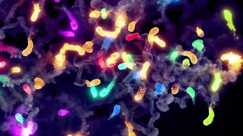 3D rendering of multi-colored fireballs flying along a complex trajectory Stock Illustration