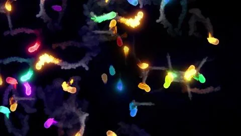 3D rendering of multi-colored fireballs flying along a complex trajectory Stock Illustration