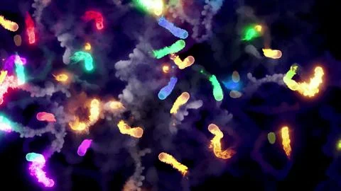 3D rendering of multi-colored fireballs flying along a complex trajectory Stock Illustration