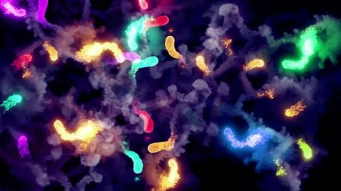3D rendering of multi-colored fireballs flying along a complex trajectory Stock Illustration