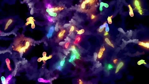 3D rendering of multi-colored fireballs flying along a complex trajectory Stock Illustration