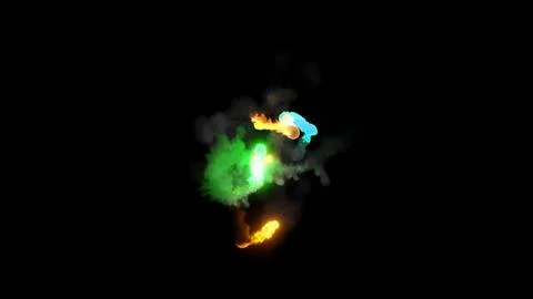 3D rendering of multi-colored fireballs flying along a complex trajectory Stock Illustration