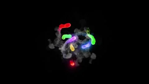 3D rendering of multi-colored fireballs flying along a complex trajectory Stock Illustration