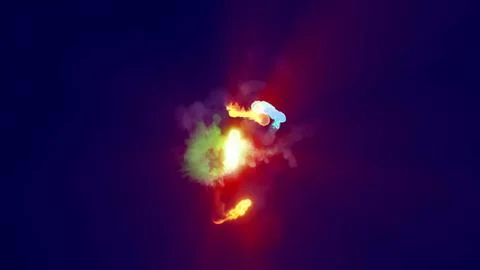 3D rendering of multi-colored fireballs flying along a complex trajectory Stock Illustration
