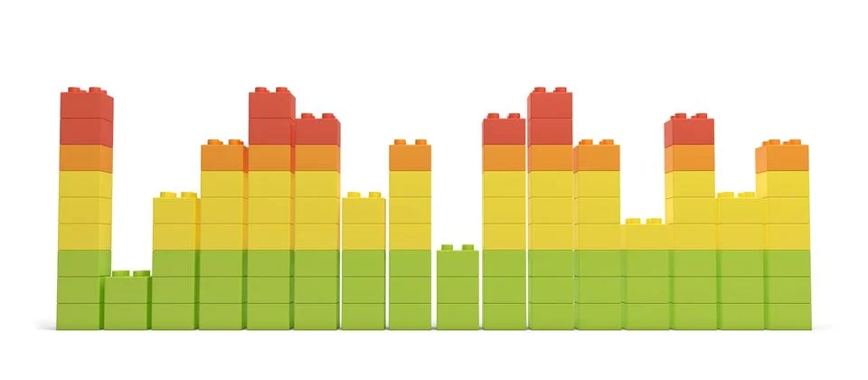 3d rendering of multi-colored toy bricks making up high uneven towers or graphs Stock Illustration
