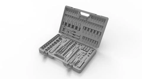 3D rendering of a multi purpose toolbox tools displayed open in empty space Illustrazione stock