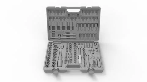 3D rendering of a multi purpose toolbox tools displayed open in empty space Illustration