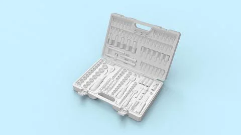 3D rendering of a multi purpose toolbox tools displayed open in empty space Stock Illustration