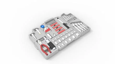 3D rendering of a multi purpose toolbox tools displayed open in empty space Illustrazione stock