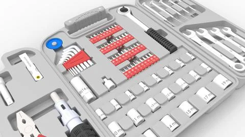 3D rendering of a multi purpose toolbox tools displayed open in empty space Illustrazione stock