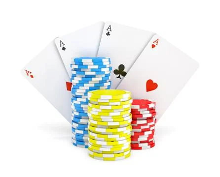 3d rendering of multicolored casino chips with four different ace cards isolated Stock Illustration
