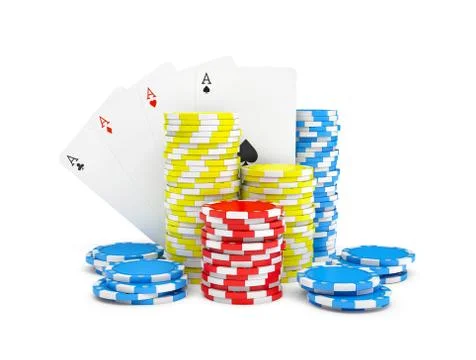 3d rendering of multicolored casino chips with four different ace cards isolated Stock Illustration