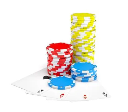 3d rendering of multicolored casino chips with four different ace cards isolated Ilustración de archivo