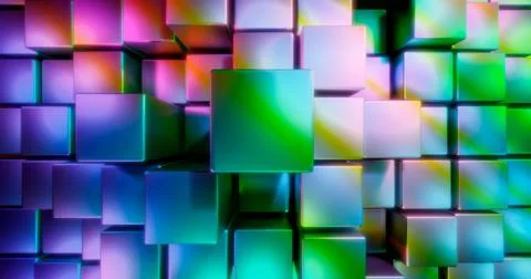 3D rendering. Multicolored cubes on a bright background. Geometric figures su Stock Illustration