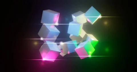 3D rendering. Multicolored cubes on a bright background. Geometric figures su Stock Illustration