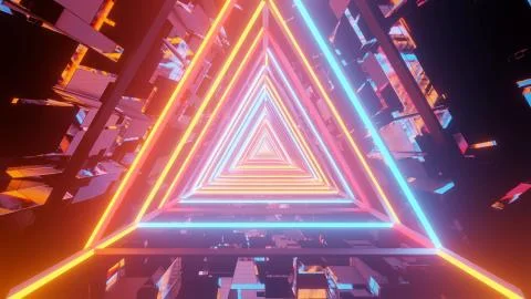 A 3D rendering of multicolored lights in a triangular pattern condensing into Ilustração Stock