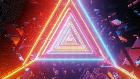 A 3D rendering of multicolored lights in a triangular pattern condensing into Ilustração Stock