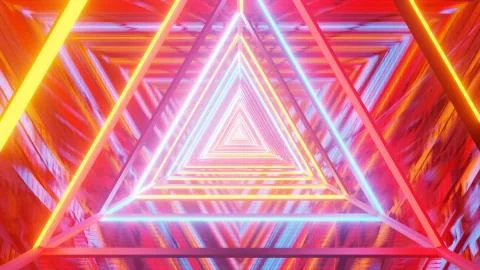 A 3D rendering of multicolored lights in a triangular pattern condensing into Stockillustratie