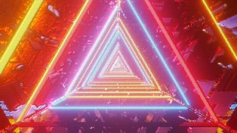 A 3D rendering of multicolored lights in a triangular pattern condensing into Stockillustratie