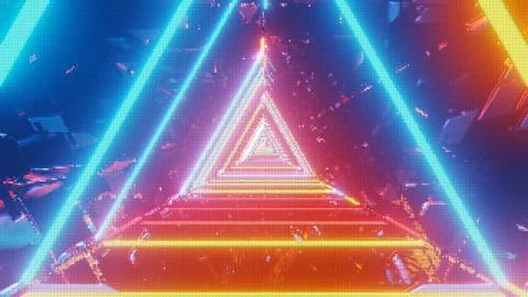 A 3D rendering of multicolored lights in a triangular pattern condensing into Stock Illustration