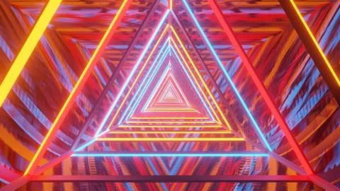 A 3D rendering of multicolored lights in a triangular pattern condensing into Stock Illustration