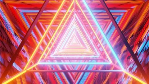 A 3D rendering of multicolored lights in a triangular pattern condensing into Illustrazione stock