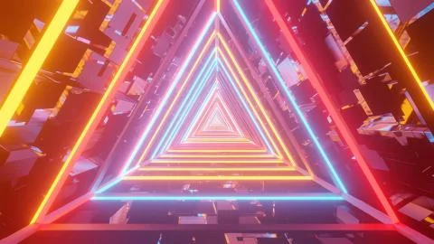 3D rendering of multicolored triangular lights condensing into a single point Illustrazione stock