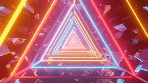 3D rendering of multicolored triangular lights condensing into a single point Ilustração Stock