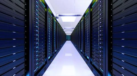 3D rendering of multiple computer racks in the server room Stock Illustration