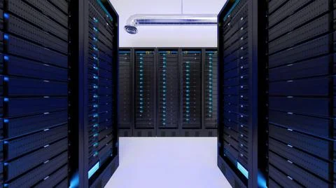 3D rendering of multiple computer racks in the server room Stock Illustration