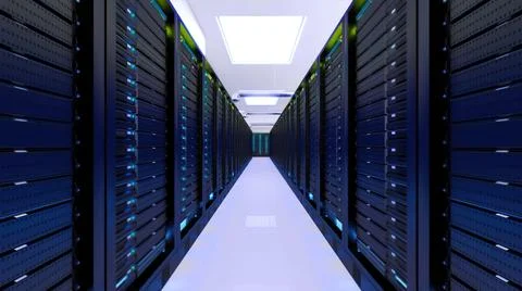 3D rendering of multiple computer racks in the server room Stock Illustration