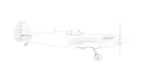 3d rendering multiple technical drawing views of a Spitfire Stock Illustration