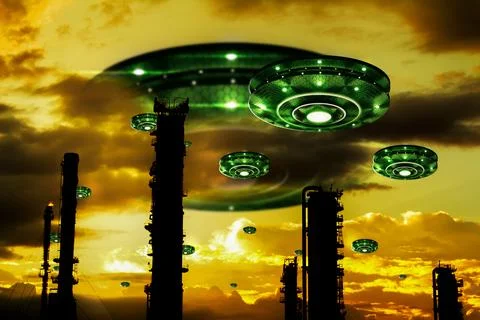 3D Rendering Multiple UFOs Take Over Energy Sources To Absorb Energy Fantasy Stock Illustration