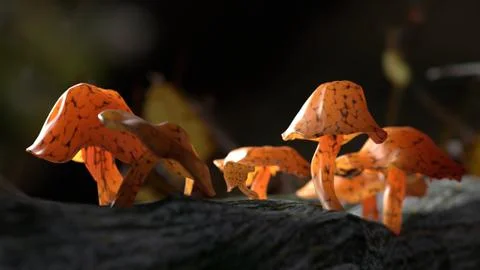 3D rendering of mushrooms on a tree trunk lighted by sun Stock Illustration