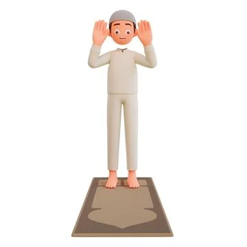 3D rendering of Muslim boy praying on rug with the hands up isolated on white Stock Illustration