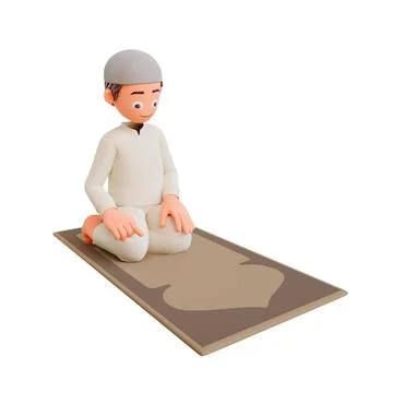 3D rendering of Muslim boy praying on rug isolated on white background Stock Illustration