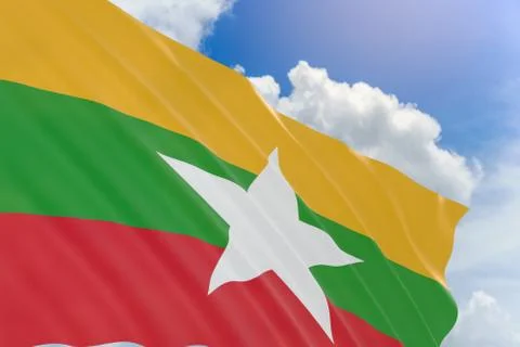 3D rendering of Myanmar flag waving on blue sky background Stock Photos