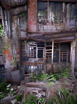 3D rendering of a mystery building at a lost place Ilustración de archivo